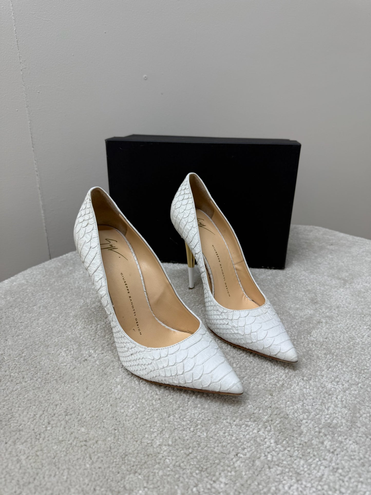 Giuseppe Zanotti White Golia Snake Print Heels- UK6
