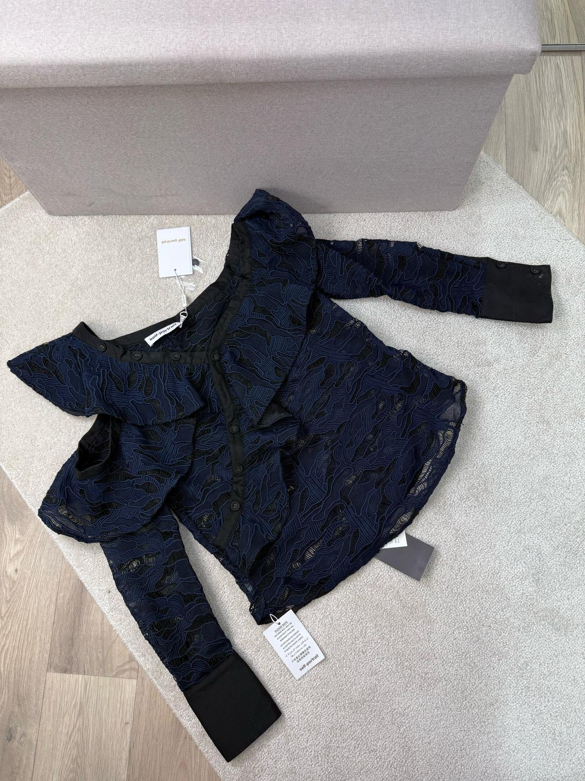 Self Portrait Navy Black Lace Camo Frill Top New In Tags - UK 10