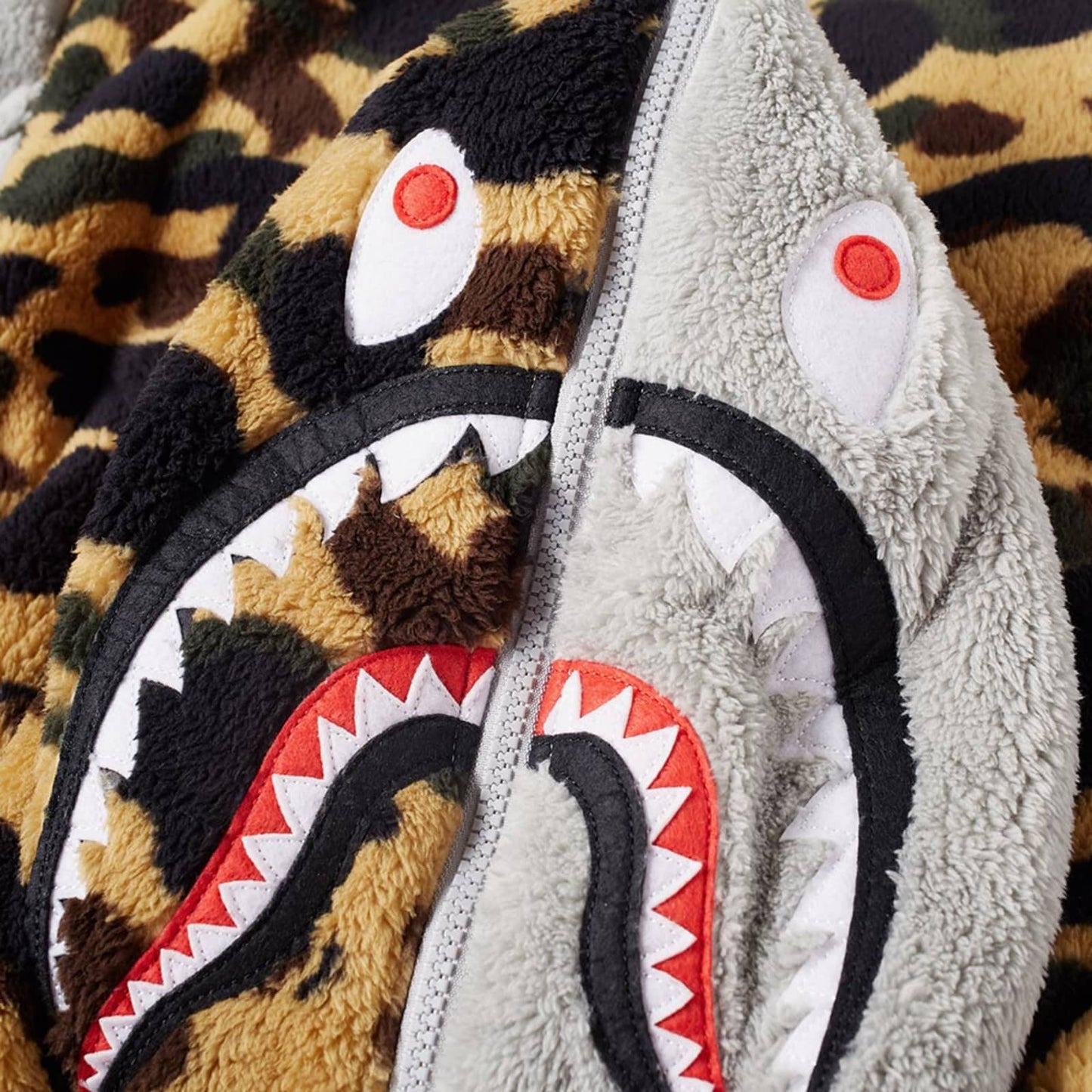 Bape Grey Zip Up Camo Boa Shark Fleece Jacket - Large