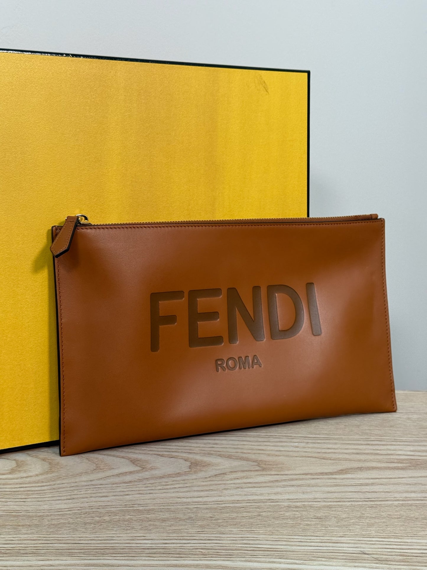Fendi Brown Logo Flat Clutch Bag