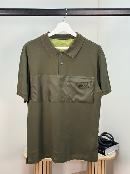 Prada Khaki Re-Nylon Plaque Polo T-Shirt - XL