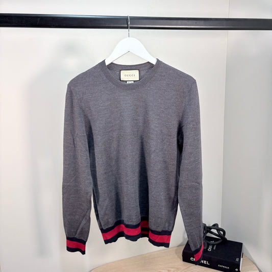 Gucci Grey Crew-Neck Sweater with Red & Blue Trims – XS