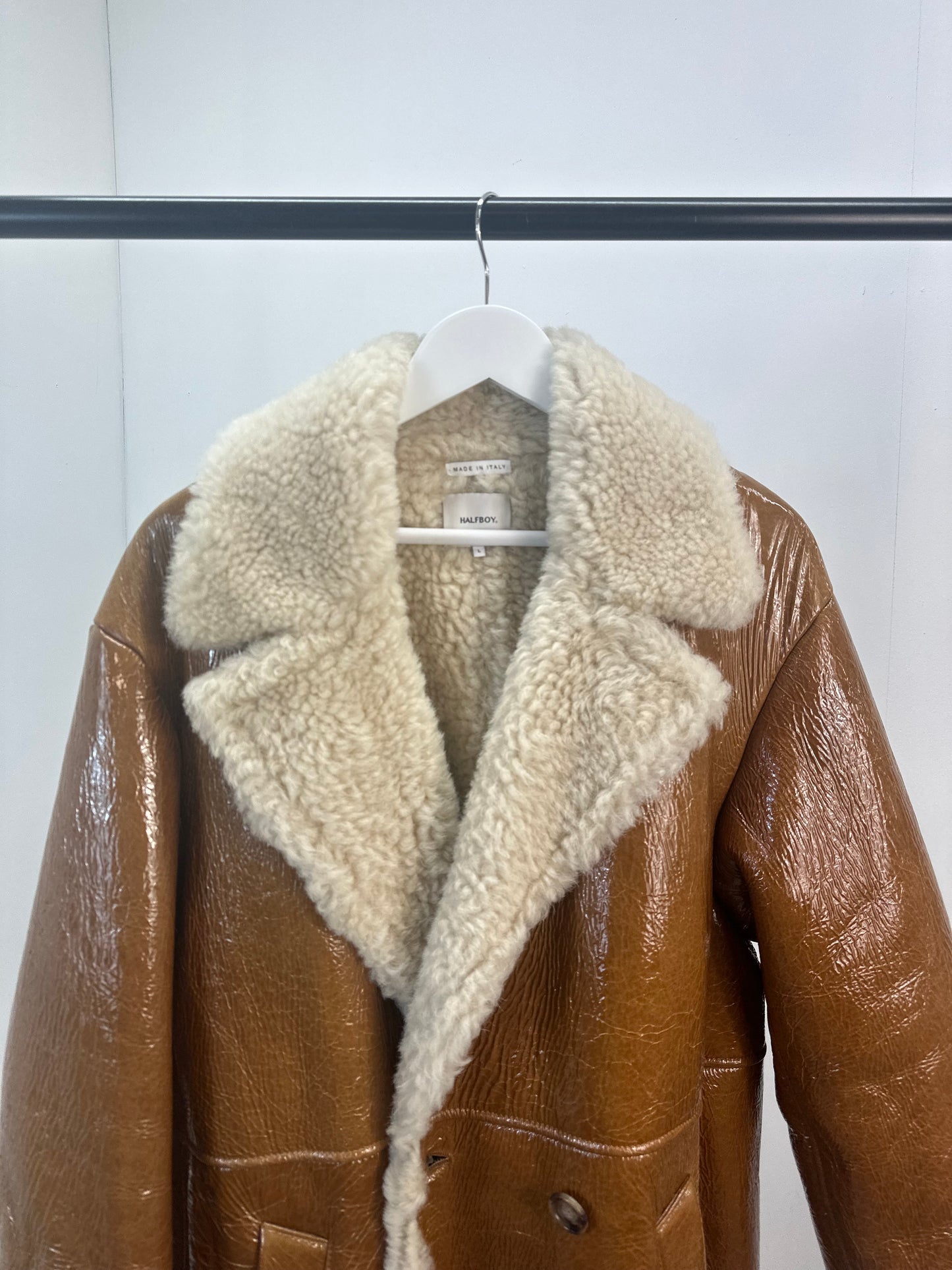 Halfboy Brown Ovina Leather Shearling Coat - UK Large
