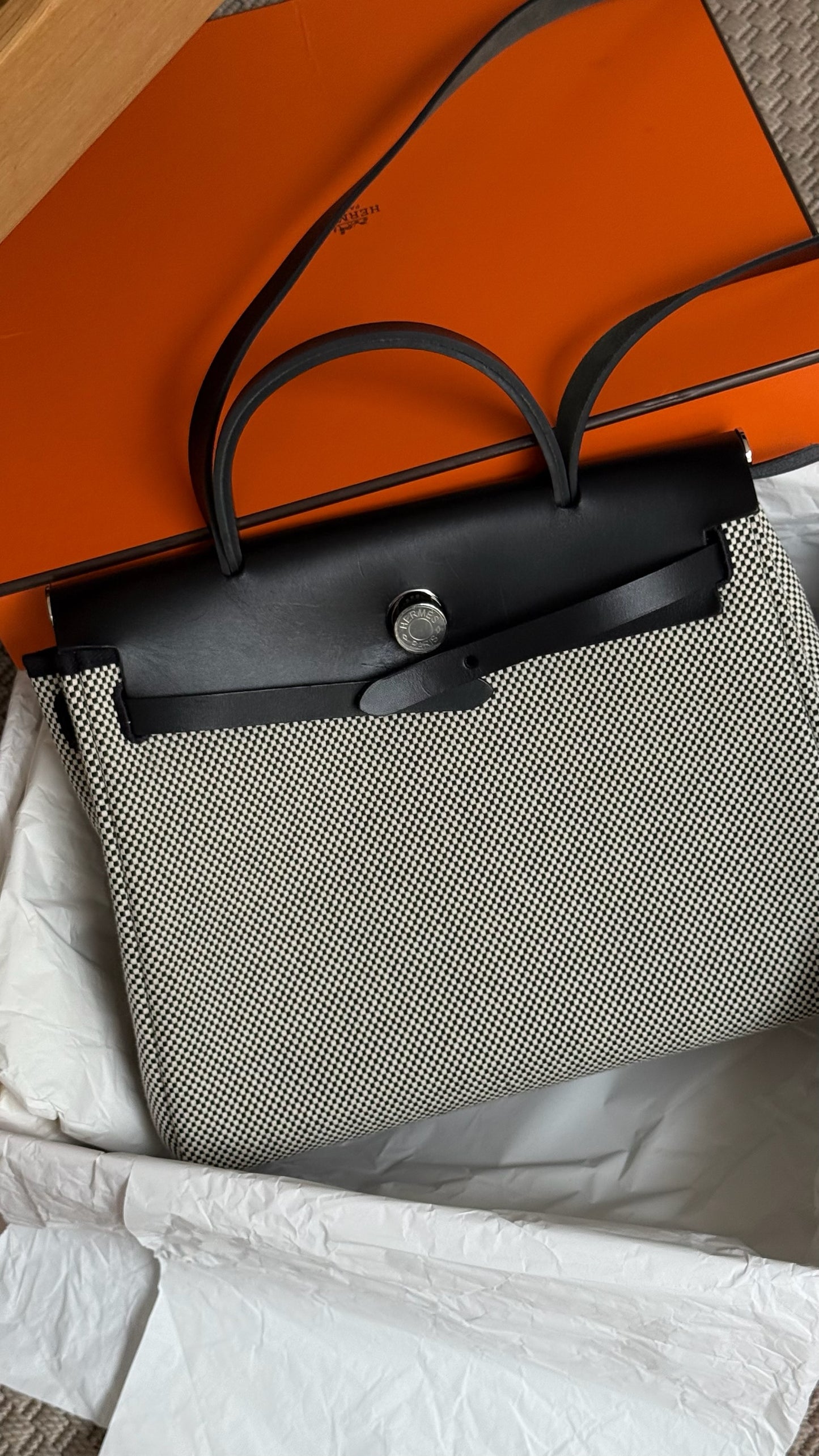 Hermès  Herbag 31 Vache Hunter Toile Quadrille Viking Black White Full Set