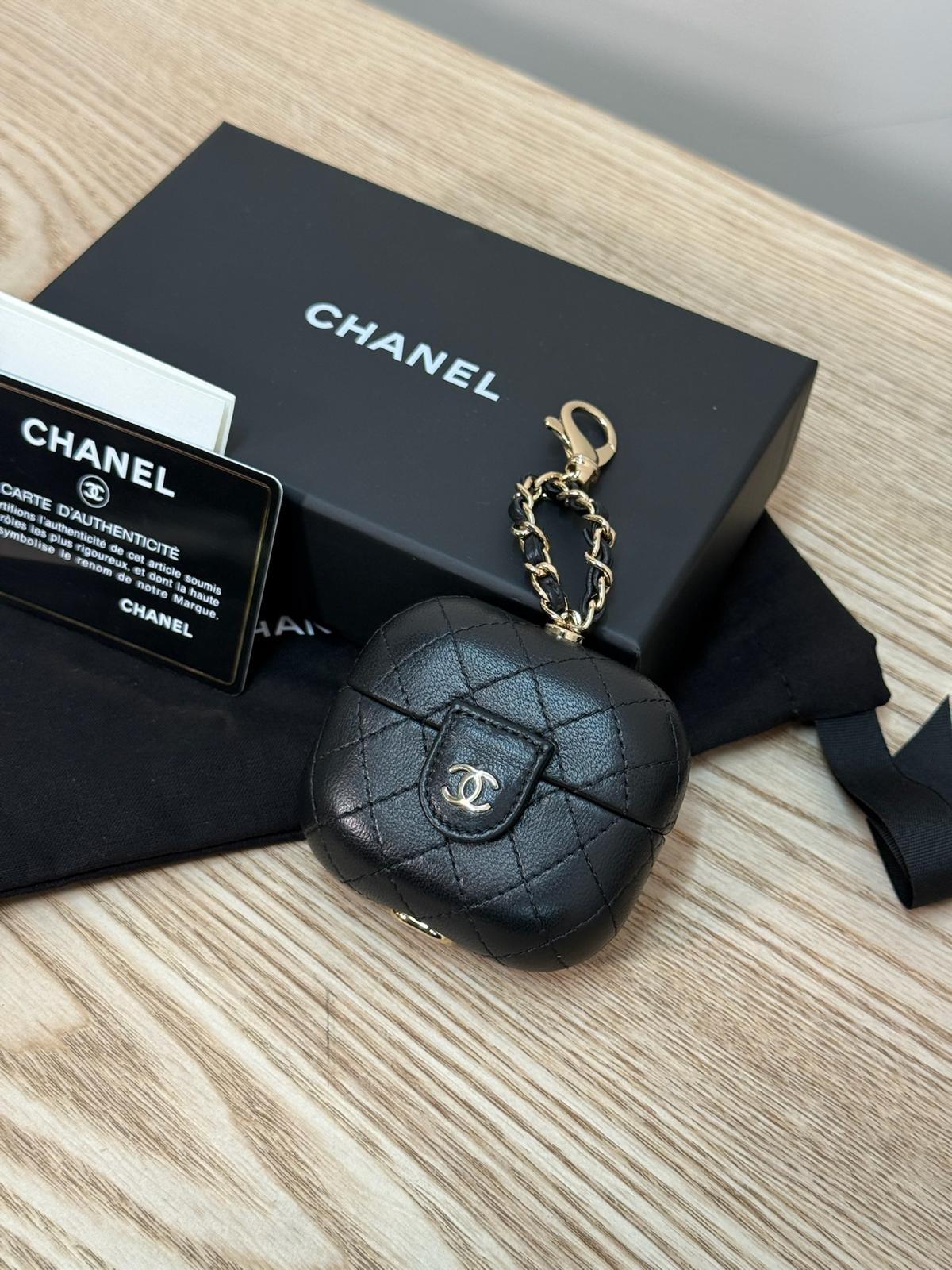 Chanel Black CC Apple Airpods Case On Chain Quilted Caviar Leather - One Size