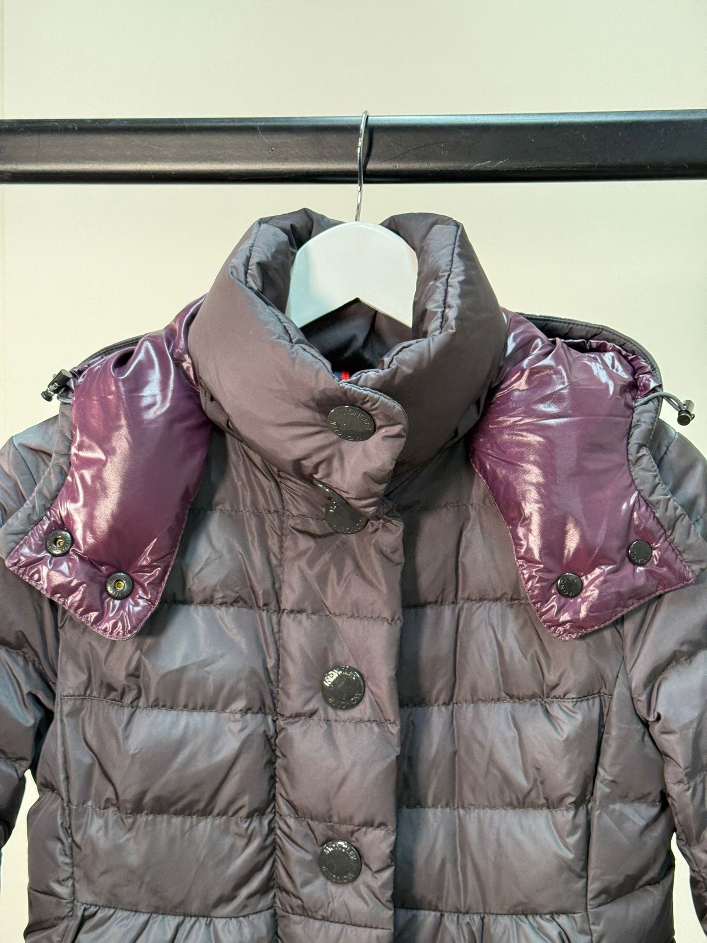 Moncler Jura Down Coat In Dark Grey With Purple Lining -Size 1/Small