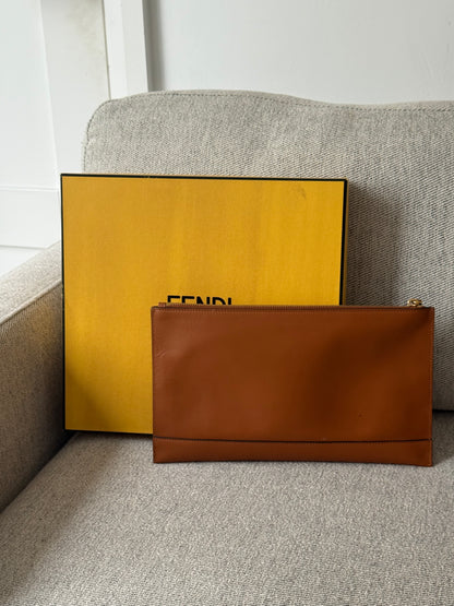 Fendi Brown Logo Flat Clutch Bag