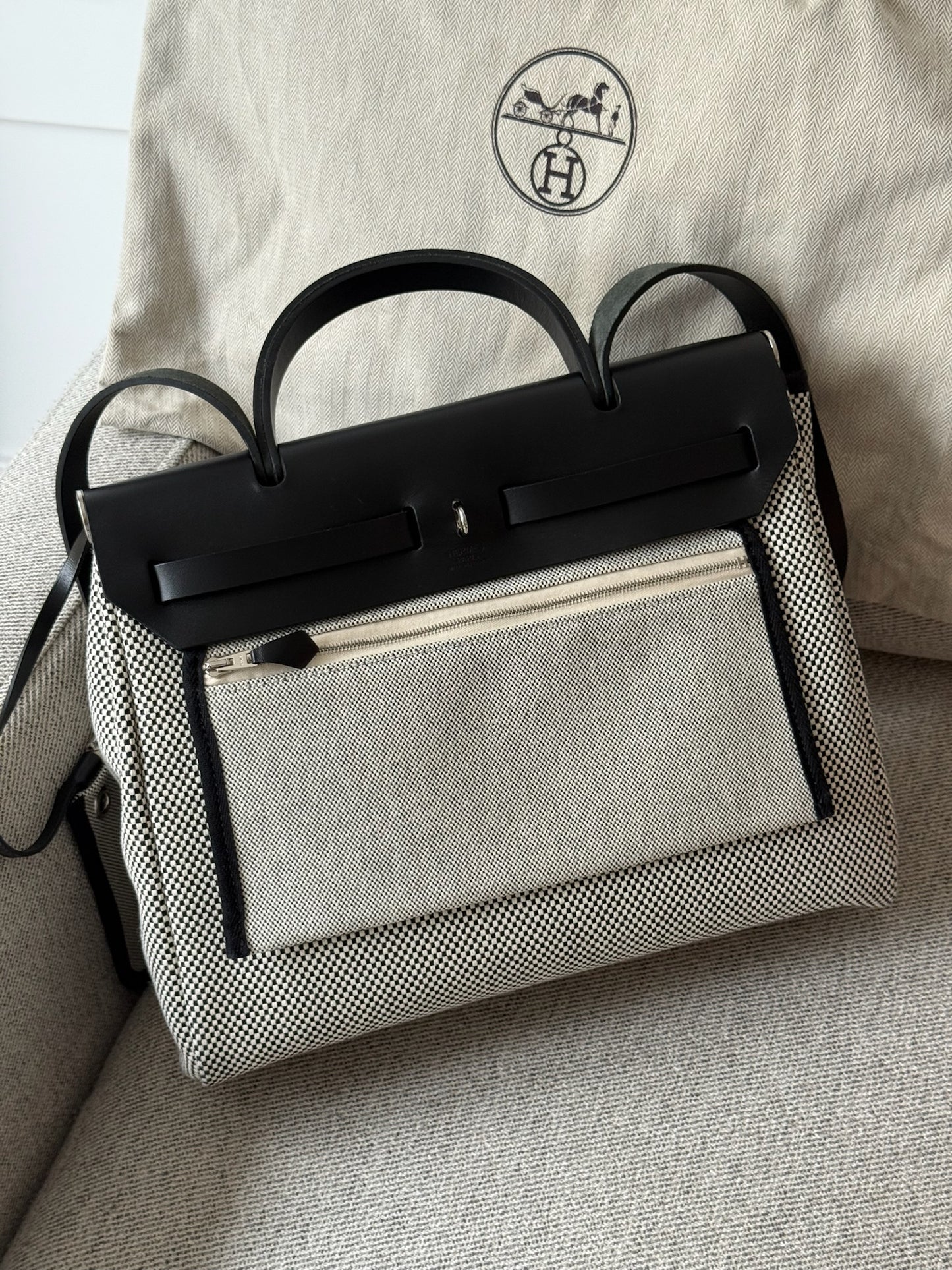 Hermès  Herbag 31 Vache Hunter Toile Quadrille Viking Black White Full Set