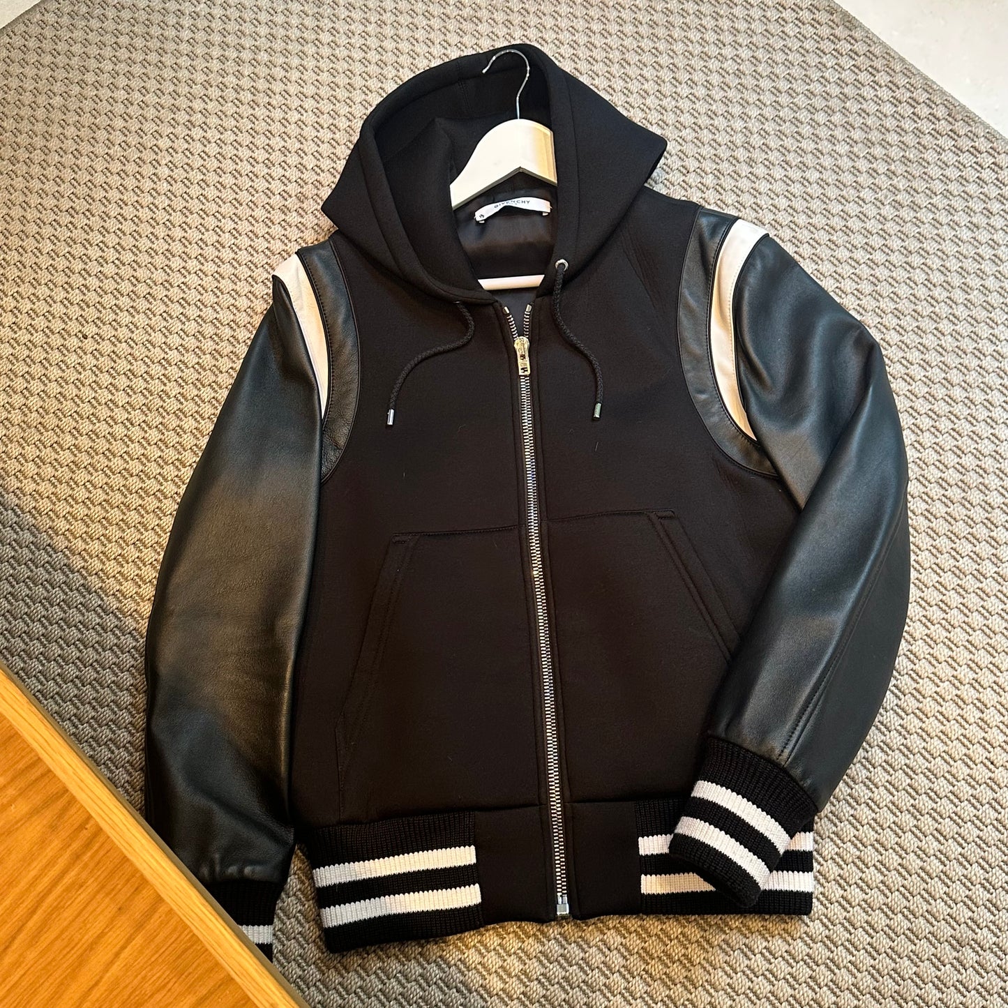 Givenchy Leather Sleve Neoprene Hooded Bomber Jacket - Small