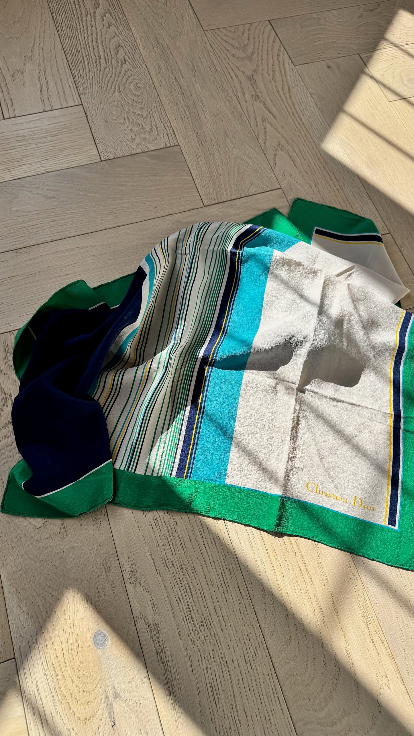 Christian Dior Cream Green Border Silk Scarf – 90 x 90 cm