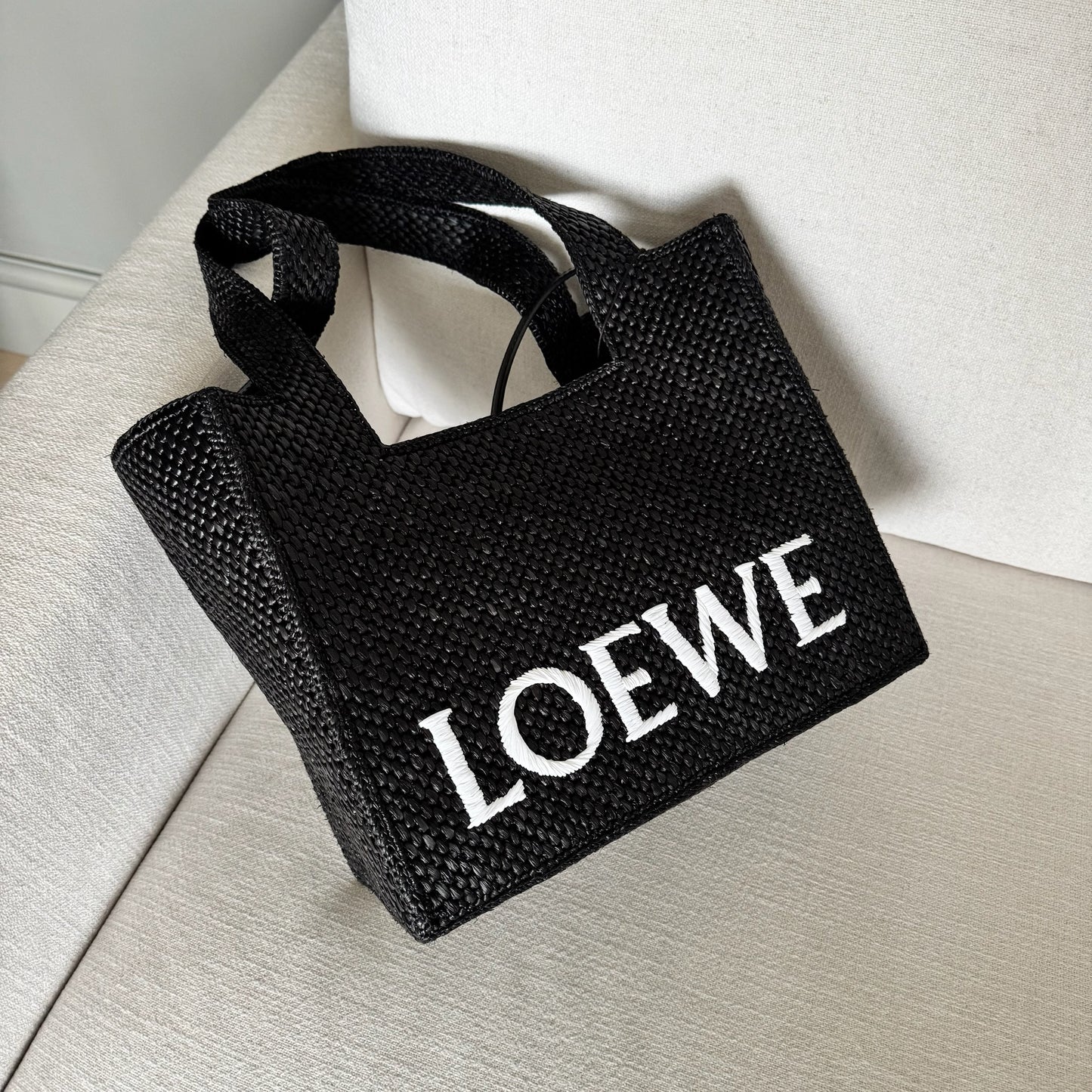 Loewe Black Medium Font tote in raffia Bag- brand new in box