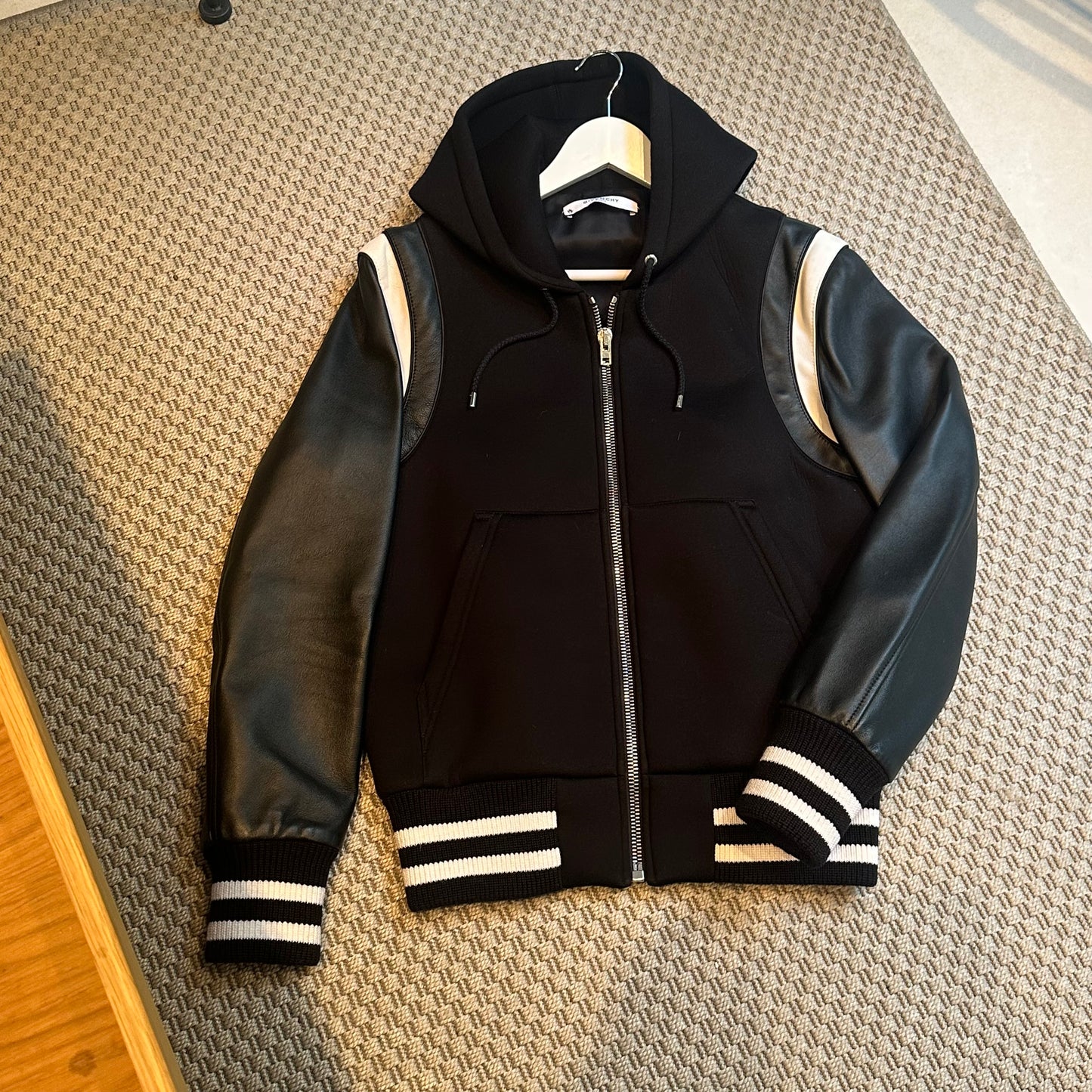 Givenchy Leather Sleve Neoprene Hooded Bomber Jacket - Small
