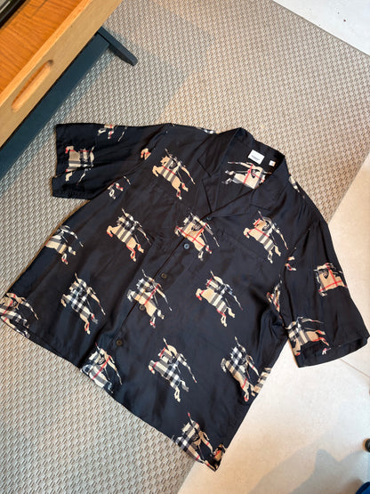 Burberry Black Check Horse Print Short Sleeve Shirt – XL