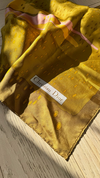 Christian Dior Yellow Brown Abstract Silk Scarf