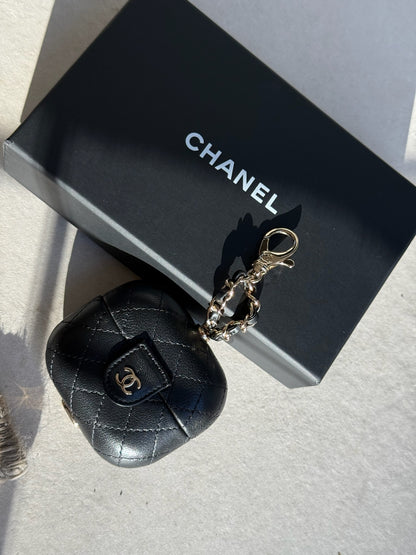 Chanel Black CC Apple Airpods Case On Chain Quilted Caviar Leather - One Size