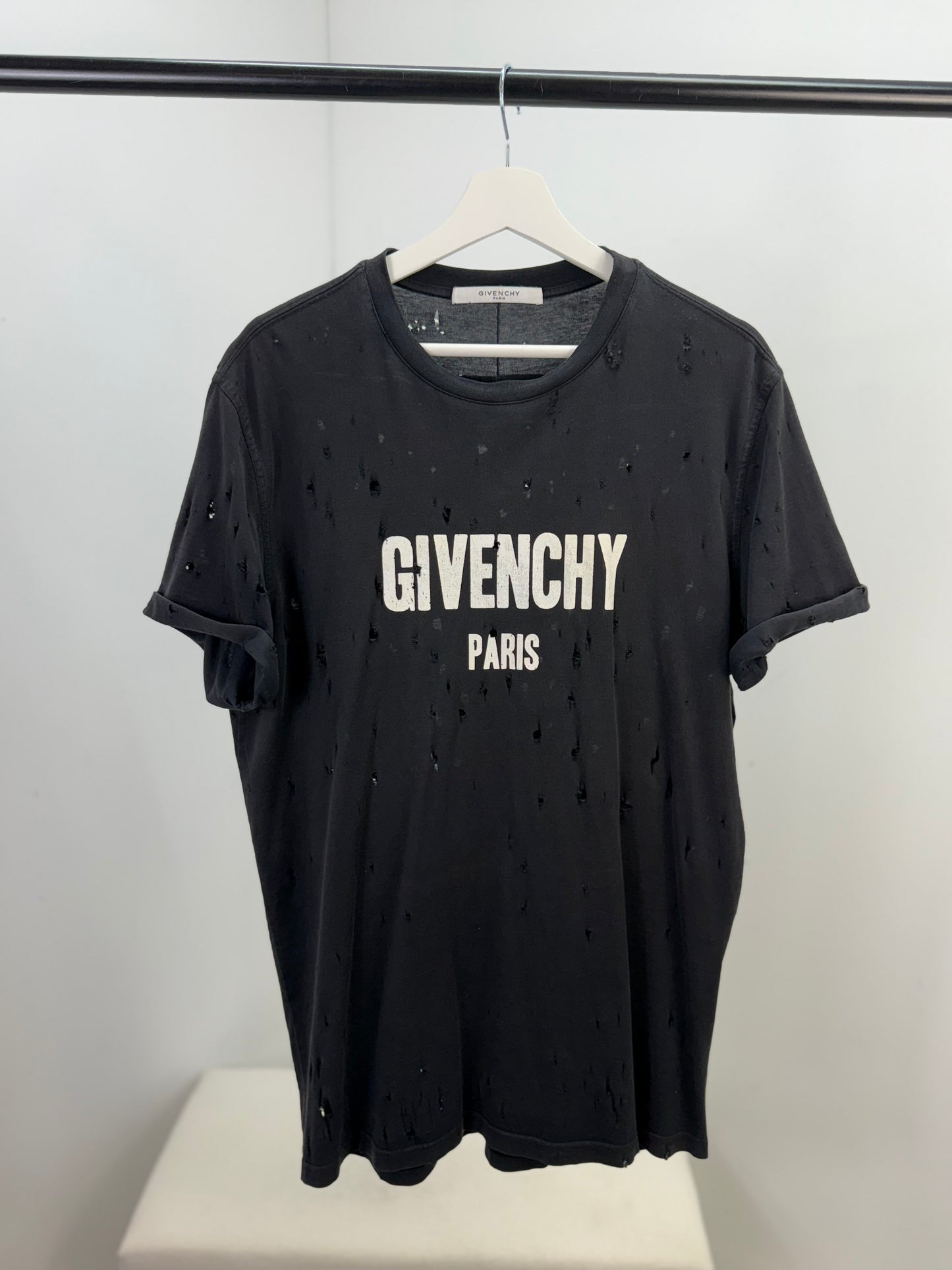 Givenchy Black Distressed T-Shirt with Rolled Sleeves - Small