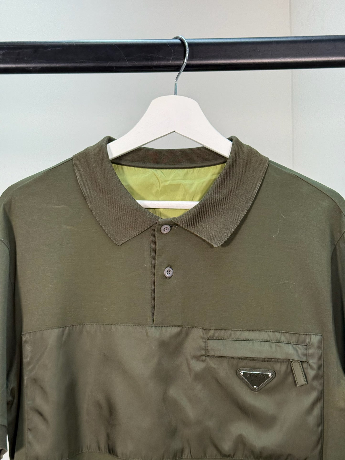 Prada Khaki Re-Nylon Plaque Polo T-Shirt - XL