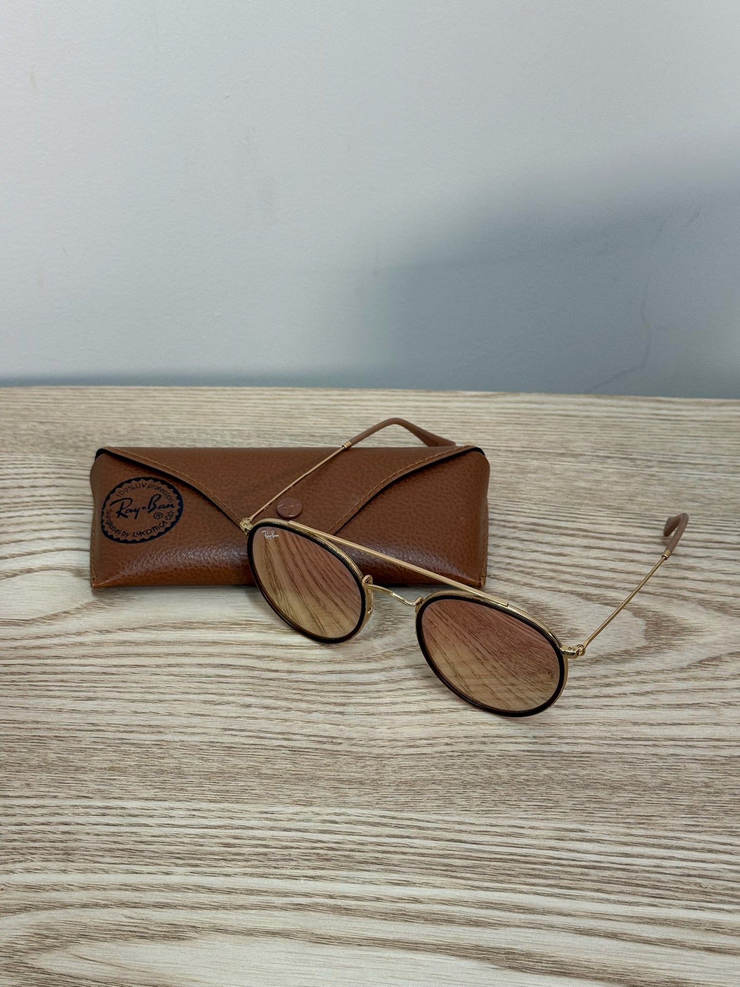 Ray-Ban Gold Round Frame Reflective Glasses - One Size