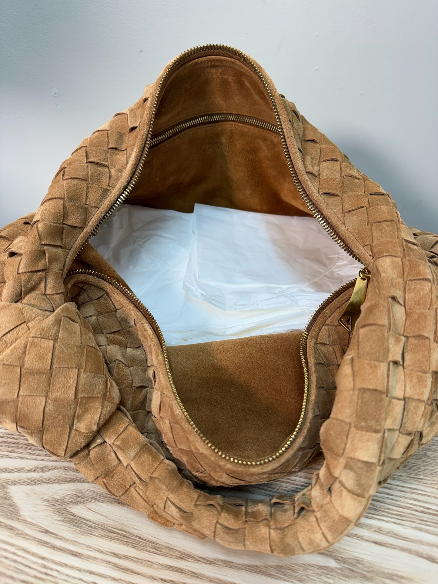 Bottega Veneta Brown Amber Gold Large Jodie Suede Hobo Bag - New No Tags