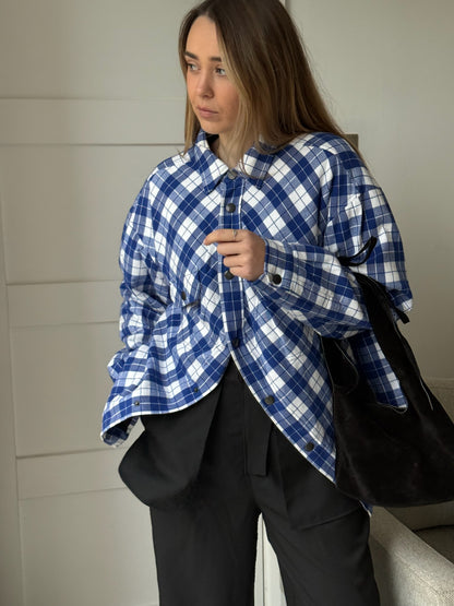 Balenciaga Blue White Checked Swing Quilted Jacket - size 34-SMALL