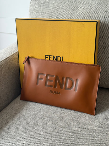 Fendi Brown Logo Flat Clutch Bag