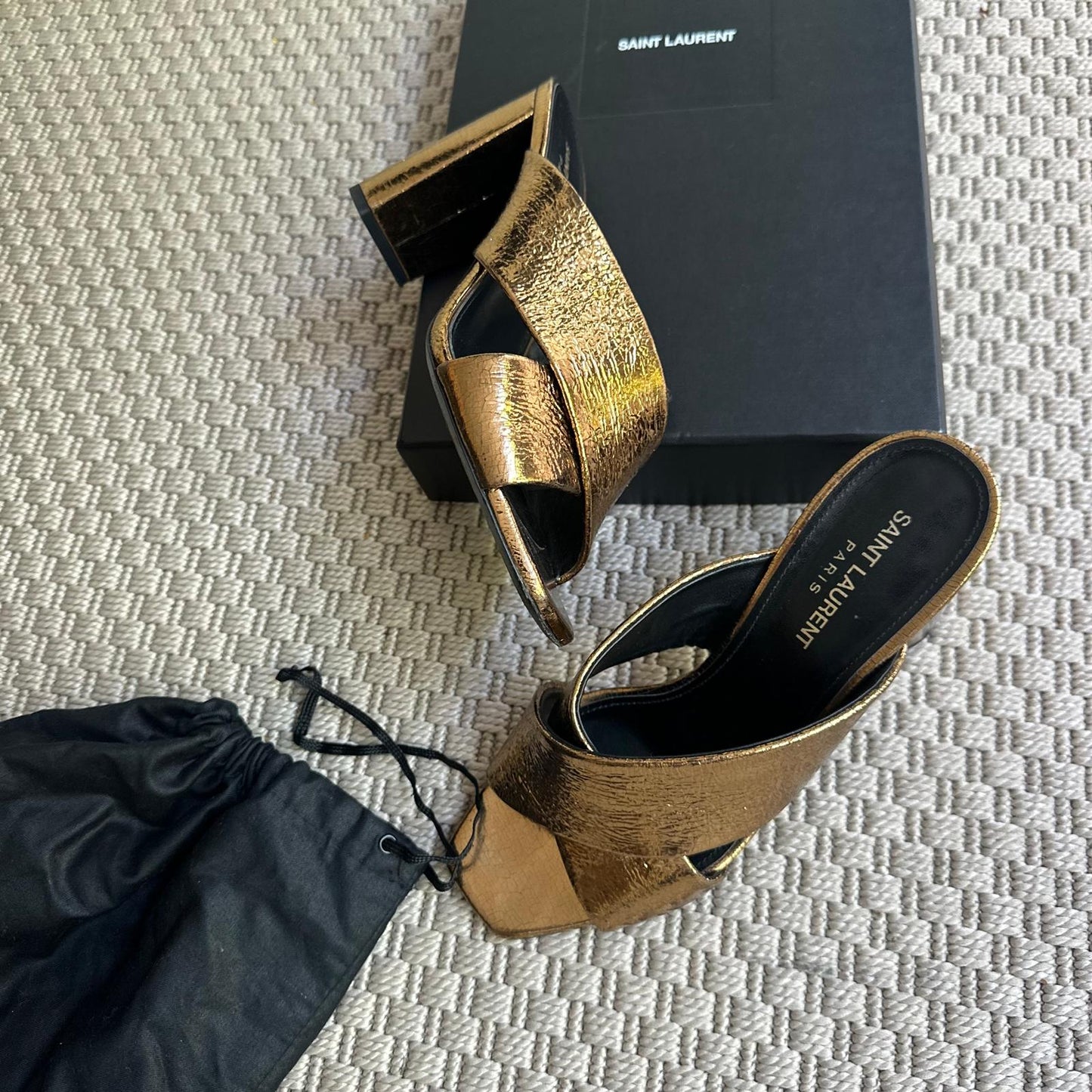 YSL Gold Cross Strap Slip-On Heeled Sandals – EU 38 / UK 5