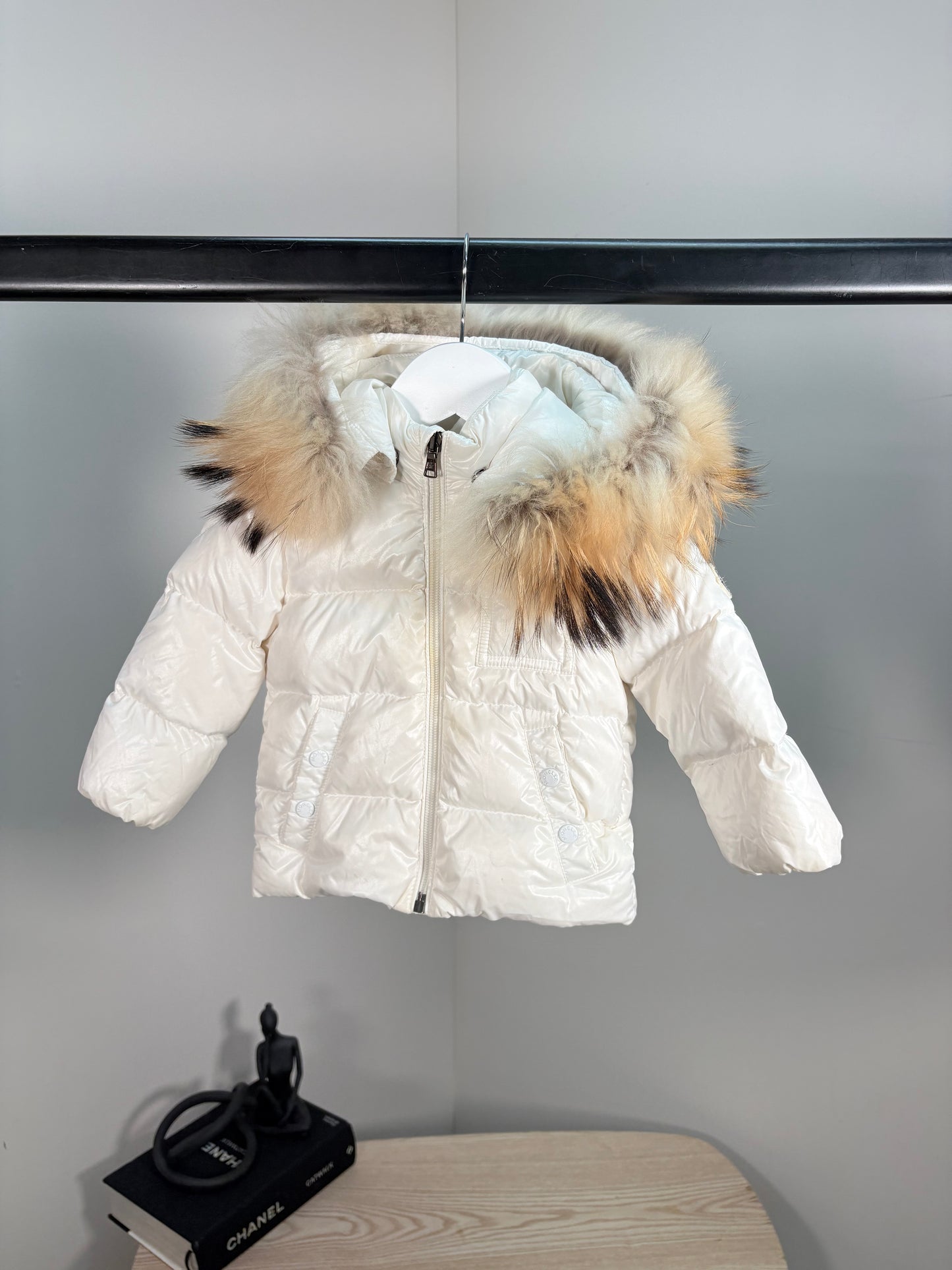 Kids Moncler Cream Padded Fur Trim Puffer Coat – 9-12 Months