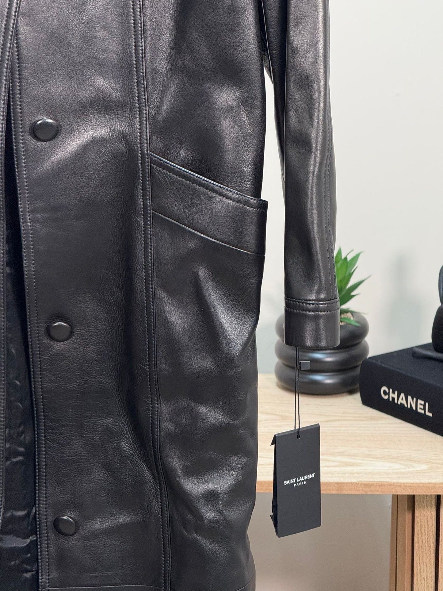 Saint Laurent Biker Leather Smooth Black Trench Coat - New In Tags FR 38/S-M