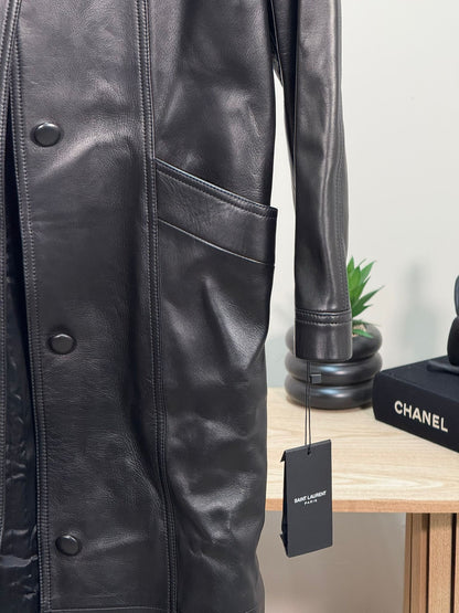 Saint Laurent Biker Leather Smooth Black Trench Coat - New In Tags FR 38/S-M