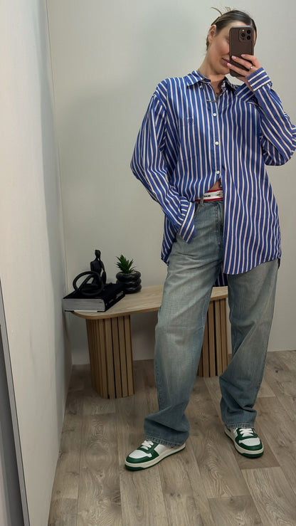 Balenciaga Dark Blue White Striped BB Logo Shirt - Size 36/S