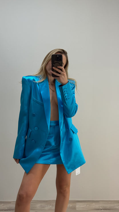 Alex Perry Blue Duchess Silk Blazer Skirt Set, In Tags - UK 8
