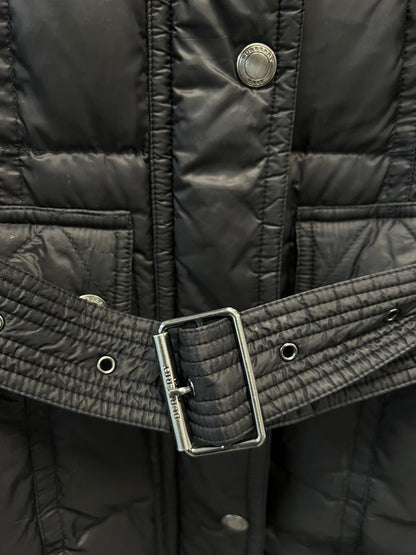Burberry black quilted down belted jacket with fur collar - UK 6/8