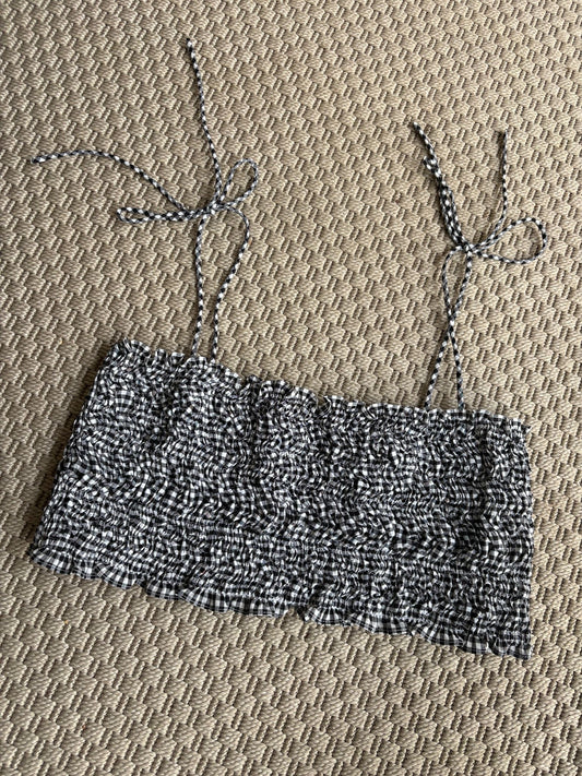 Miu Miu Black & White Shirred Gingham Spaghetti Strap Crop Top - 40/medium