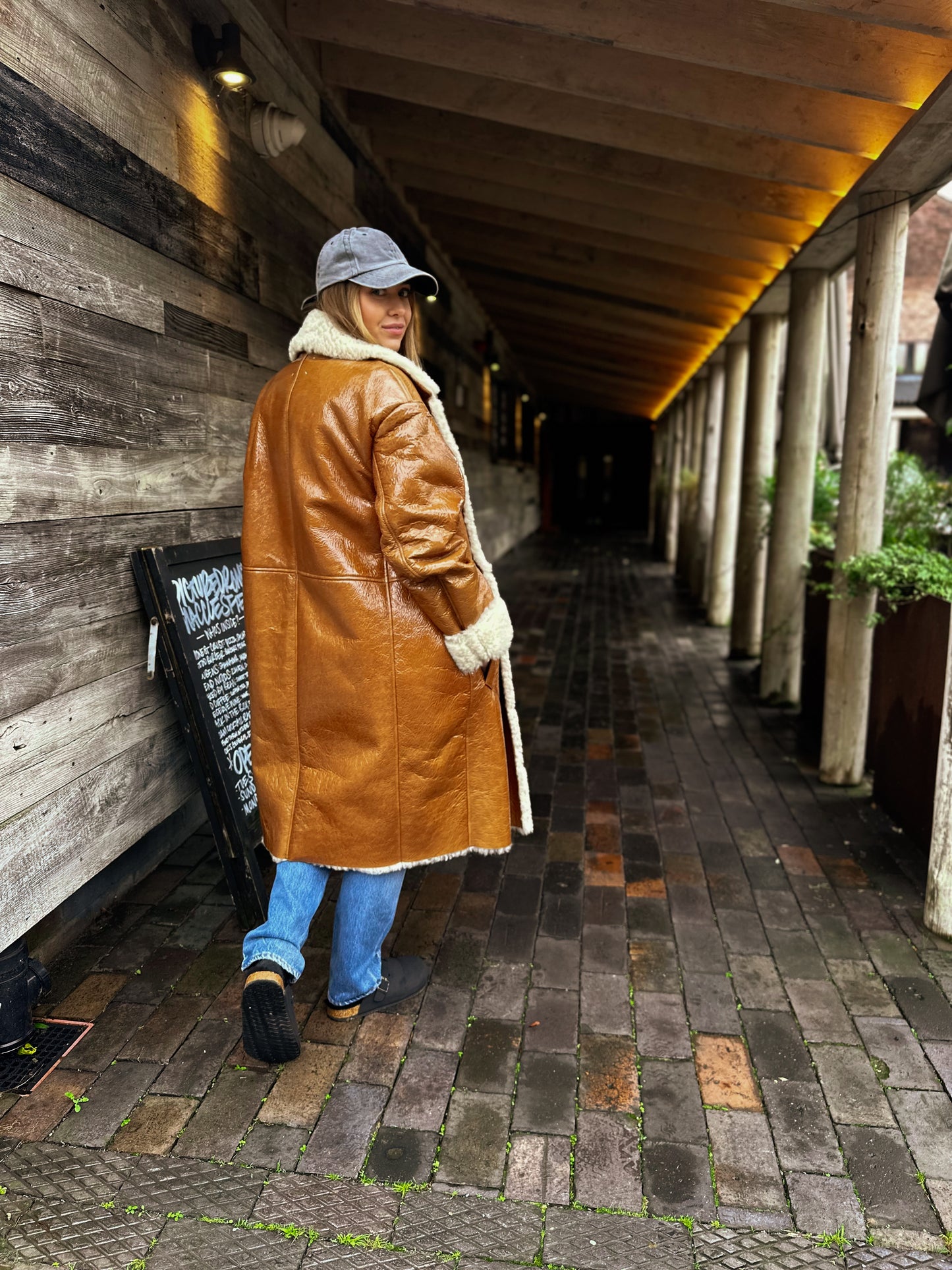 Halfboy Brown Ovina Leather Shearling Coat - UK Large
