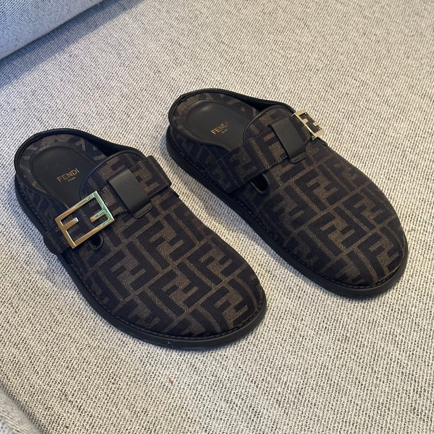 Fendi Brown FF gold mule slip on shoe - UK 7