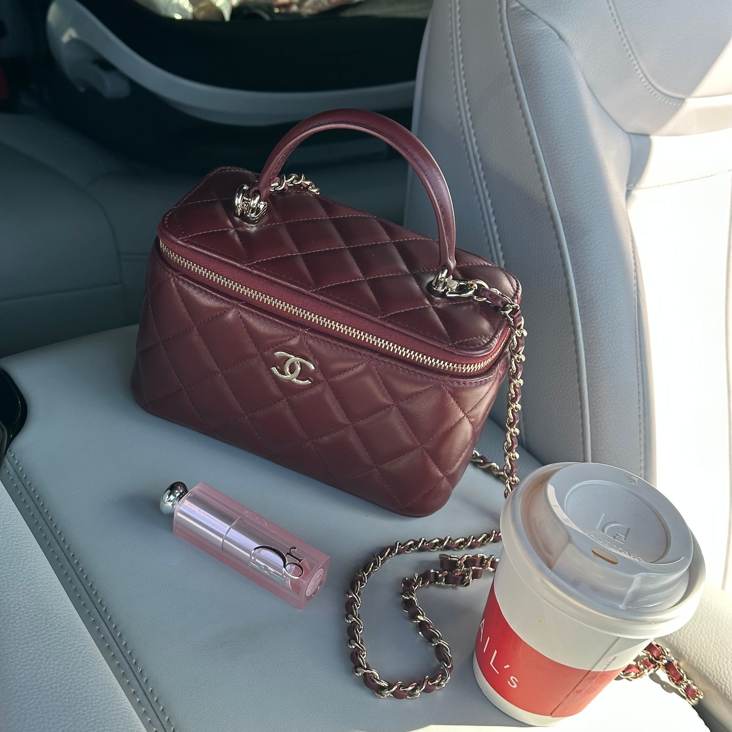 Chanel Lambskin Quilted Vanity Case with Chain in Burgundy