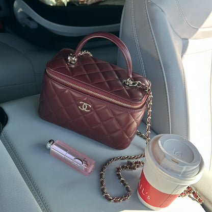 Chanel Lambskin Quilted Vanity Case with Chain in Burgundy