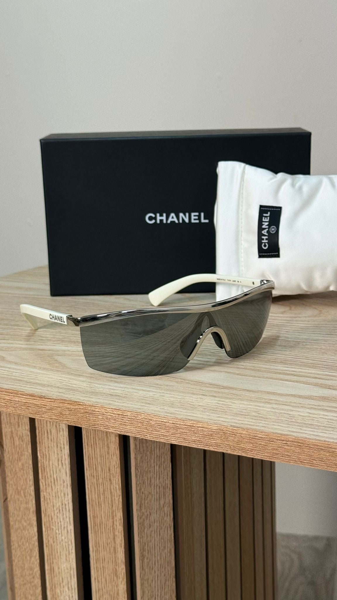 Chanel Metallic Silver Shield Sunglasses - One Size