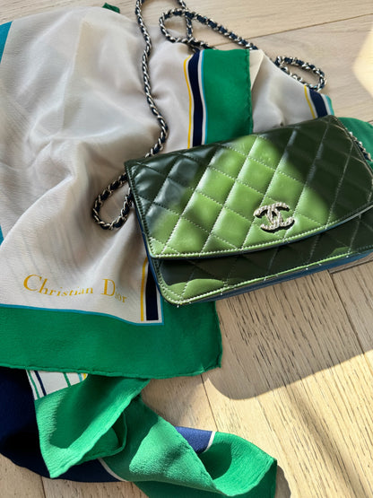 Chanel Green Quilted Patent Chanel Wallet On Chain