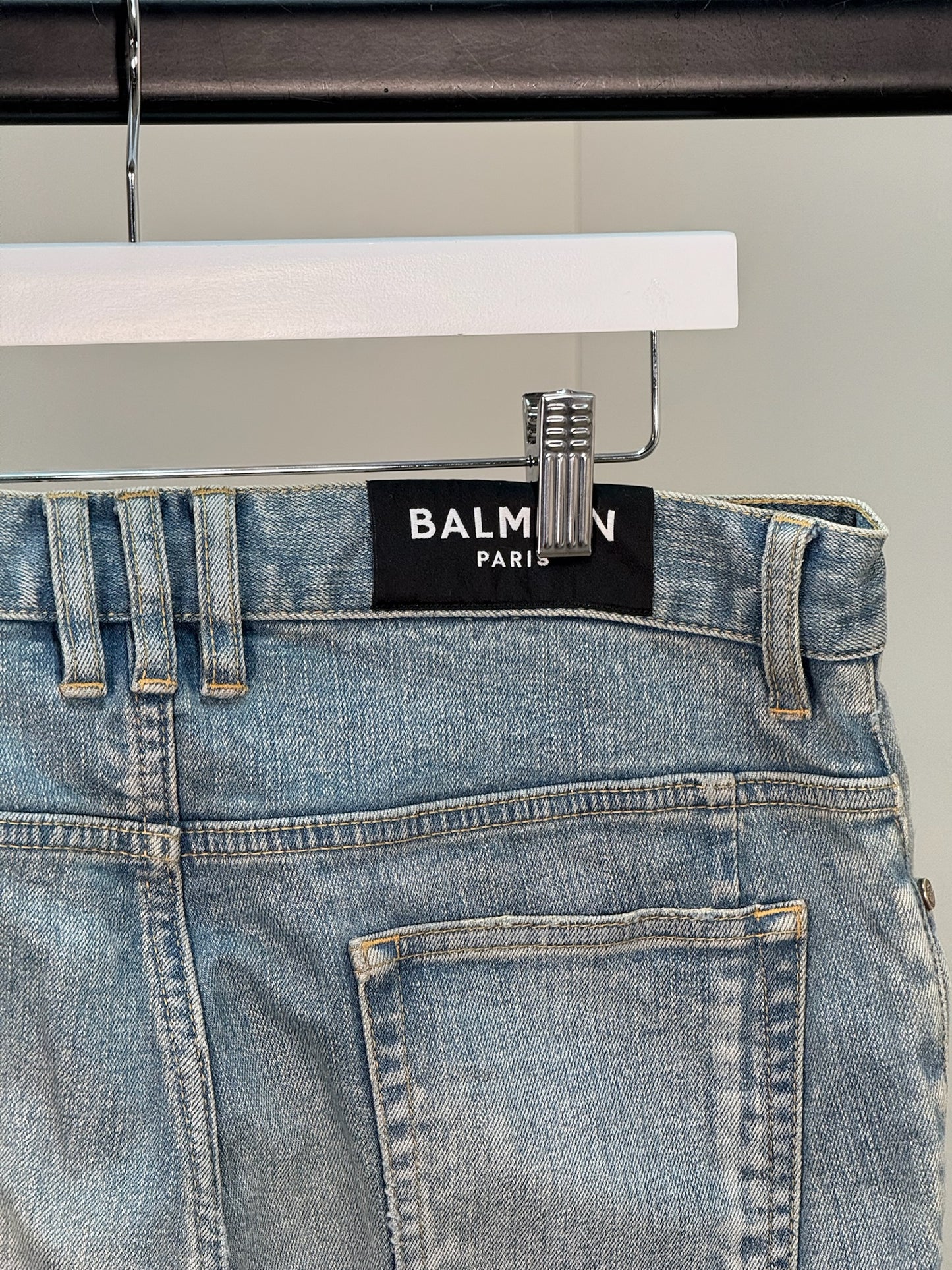 Balmain Men's Distressed Biker Tapered Jeans In A Light Blue Wash - 32 waist