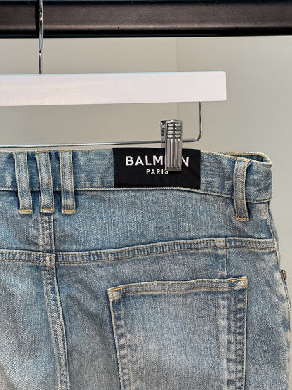 Balmain Men's Distressed Biker Tapered Jeans In A Light Blue Wash - 32 waist