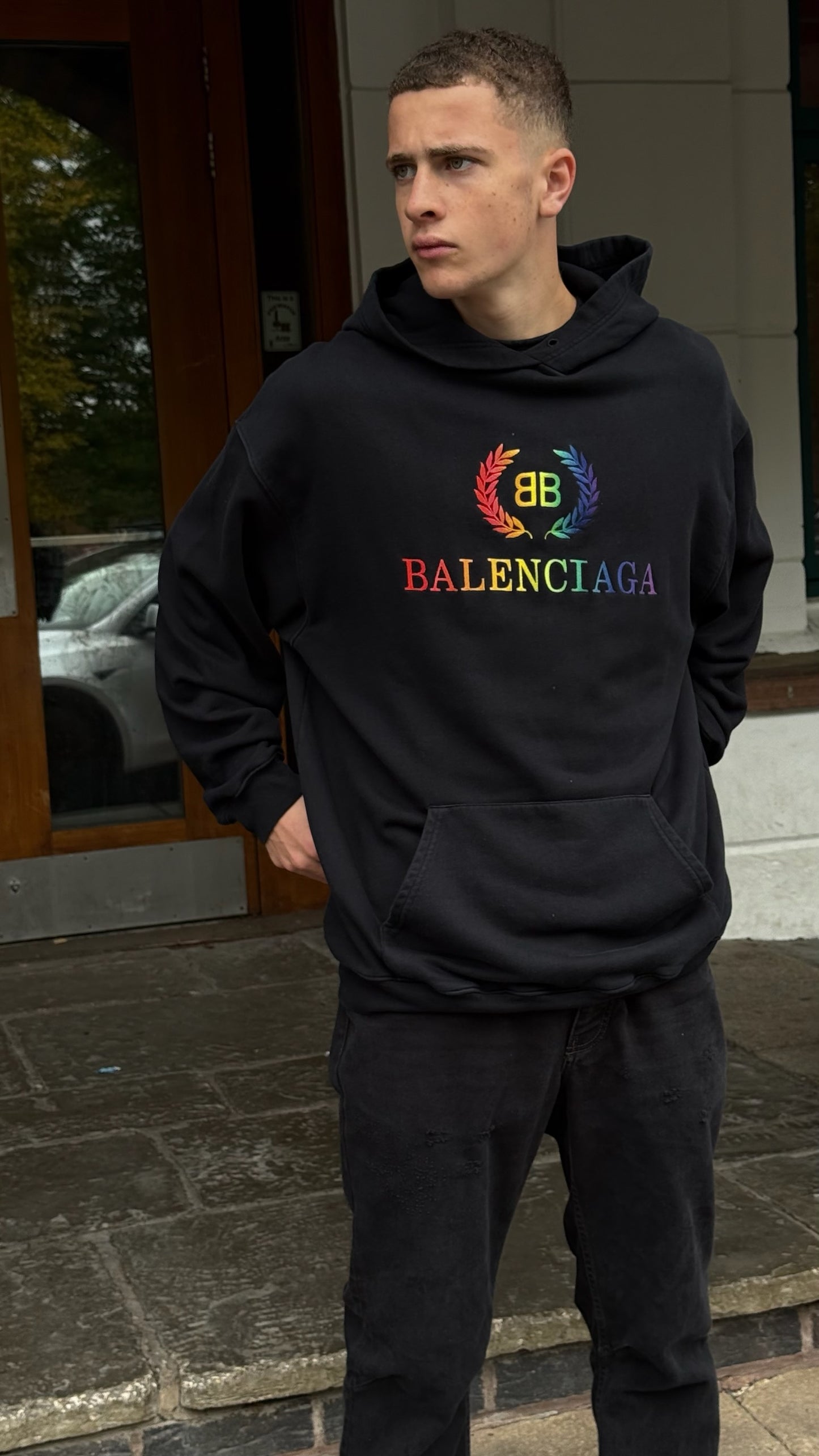 Balenciaga Black Multi Colour Logo Hoodie - Small oversize
