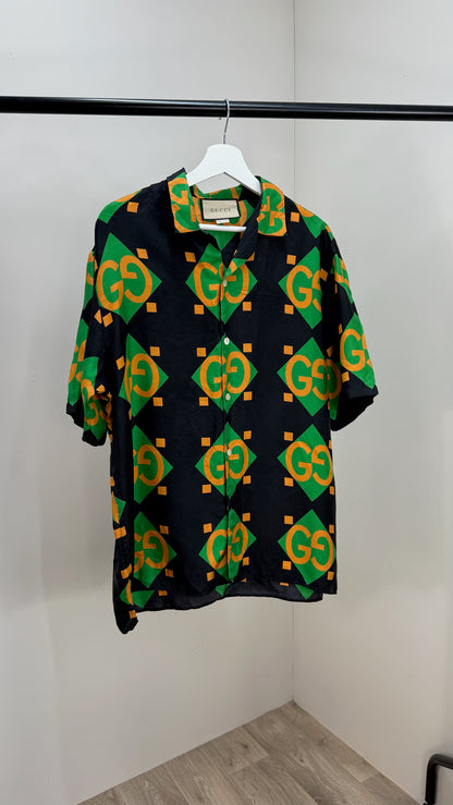 Gucci Black Green Gold GG Silk Shirt - 50