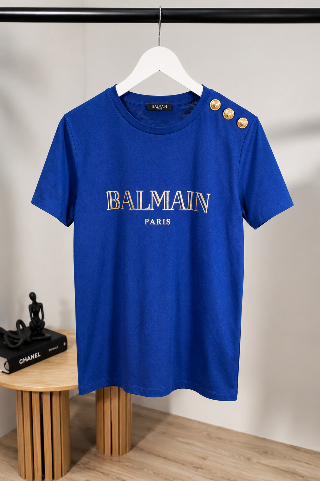 Balmain Blue Gold Logo T-Shirt With Gold Buttons – IT 38