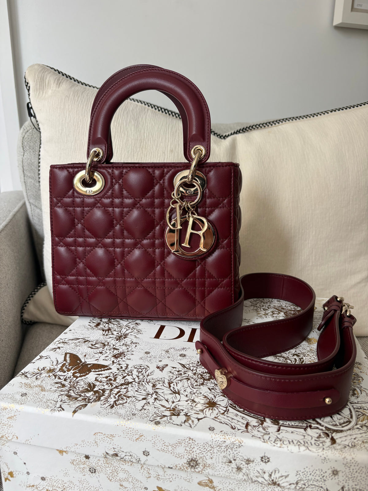 Dior Small Lady Dior burgundy cannage lambskin bag