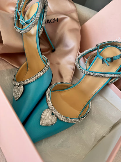 Mach & Mach Mach & Mach Crystal Heart Pointed Toe Pumps Blue Satin – EU 40/UK7