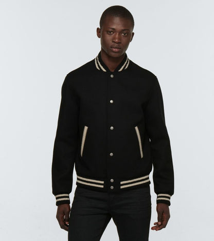 Saint Laurent Black & White Wool-Rich Teddy Varsity Bomber Jacket – 52 / XL