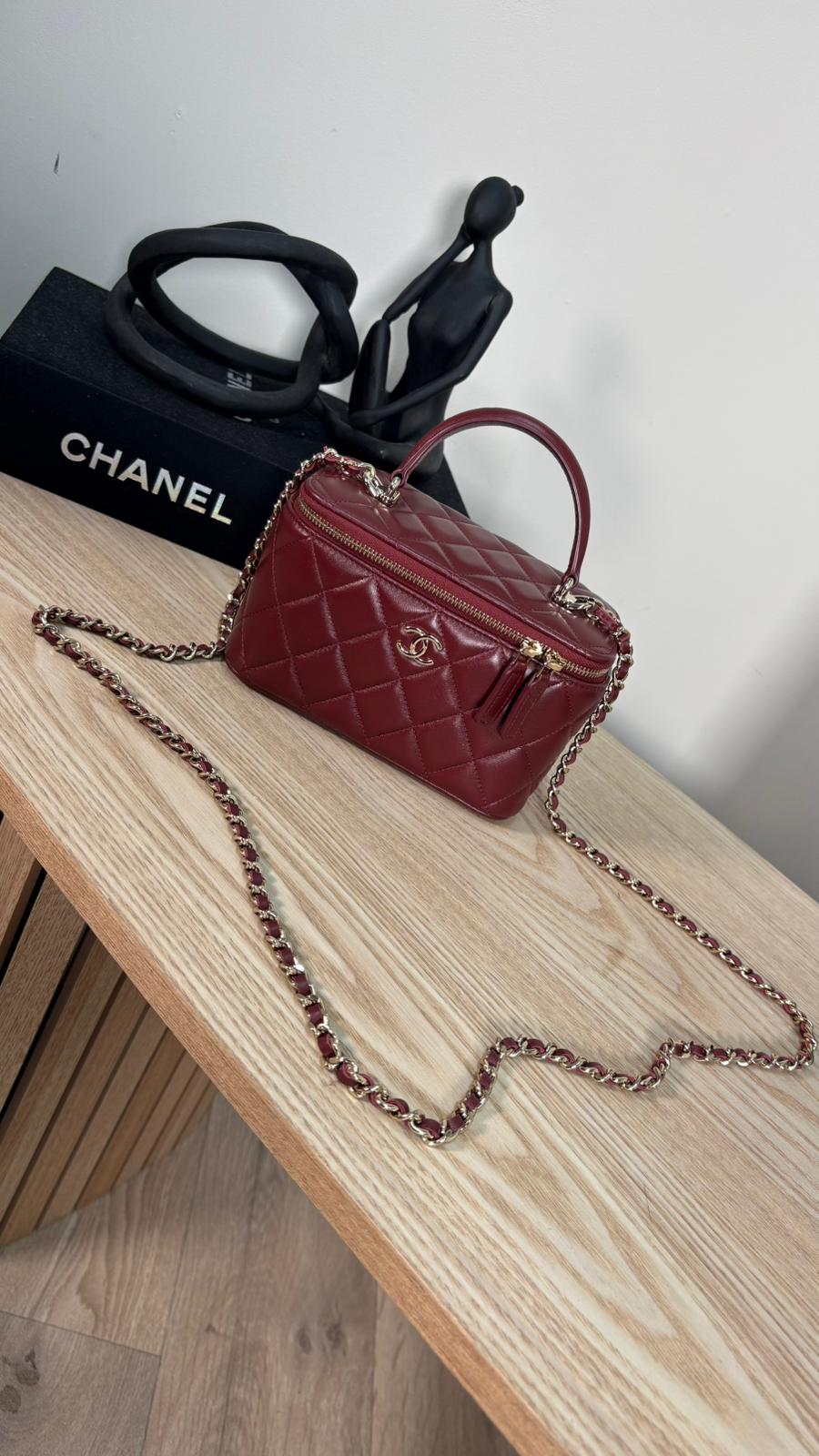 Chanel Lambskin Quilted Vanity Case with Chain in Burgundy