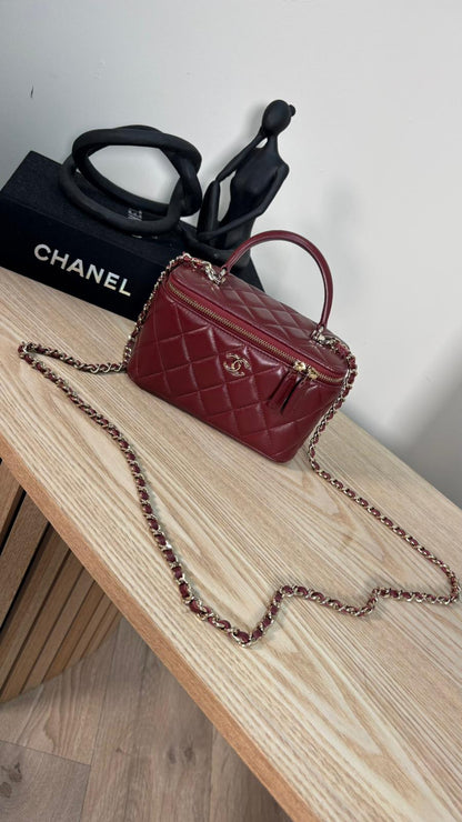 Chanel Lambskin Quilted Vanity Case with Chain in Burgundy