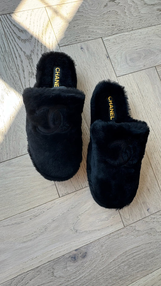 Chanel black shearling flat mules with pouch, full view